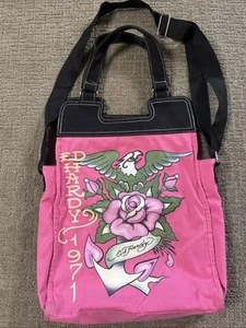 Ed Hardy Shoulder Bag Purse Tote Tattoo Graphic Y2K Vintage Pink Black - Picture 1 of 9