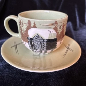 Vintage Matthew Adams Green Winter House Tasse Untertasse Alaska MCM - Bild 1 von 10