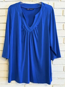 Top donna Susan Graver maglia liquida scollo a V manica 3/4 più 2X blu - Foto 1 di 4
