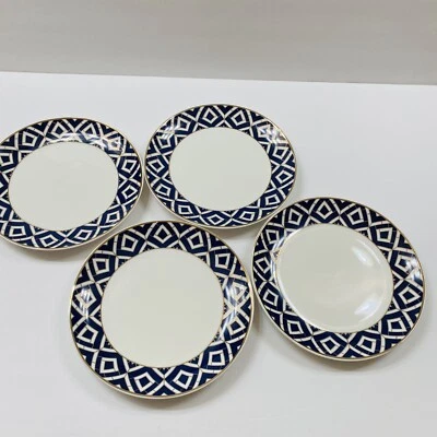 Juego de 4 platos de porcelana fina azul marino y dorado con patrón geométrico ensalada desierto Foto 1 de 4