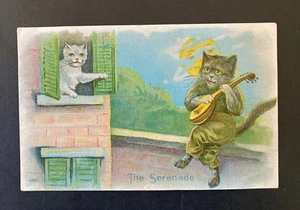 1913 Fantasy Anthropomorphic Cats Kitten Postcard The Serenade playing Eukele - Picture 1 of 2
