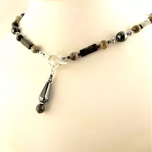 Genuine Hematite, Silver Leaf Jasper gemstone Root Chakra Necklace, handcrafted - Picture 1 of 4
