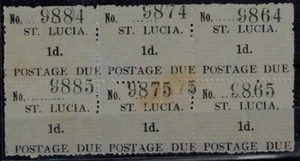St. Lucia Postage Dues Block of 6 SG D1, D1e 9864-9885 w/9875 Partially Erased - Picture 1 of 2