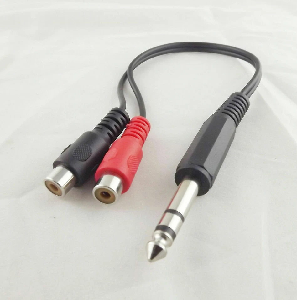 6.35mm 1/4" Male Stereo To 2 Dual RCA Phono Female Splitter Audio Adapter Cable - Image 1 of 1