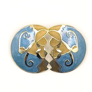 Retro 80s Enamel Earrings Clip On Blue Goldtone Large Geometric Half Circle - Picture 1 of 3