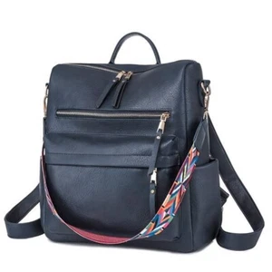Dark Blue Leather Women Backpack Travel Bag Purses Multipurpose Design Handbags - Picture 1 of 6
