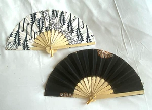2 Black White Fans Hand Bamboo Cloth Handmade Indonesia New Avenico Abenico 628W - Picture 1 of 21
