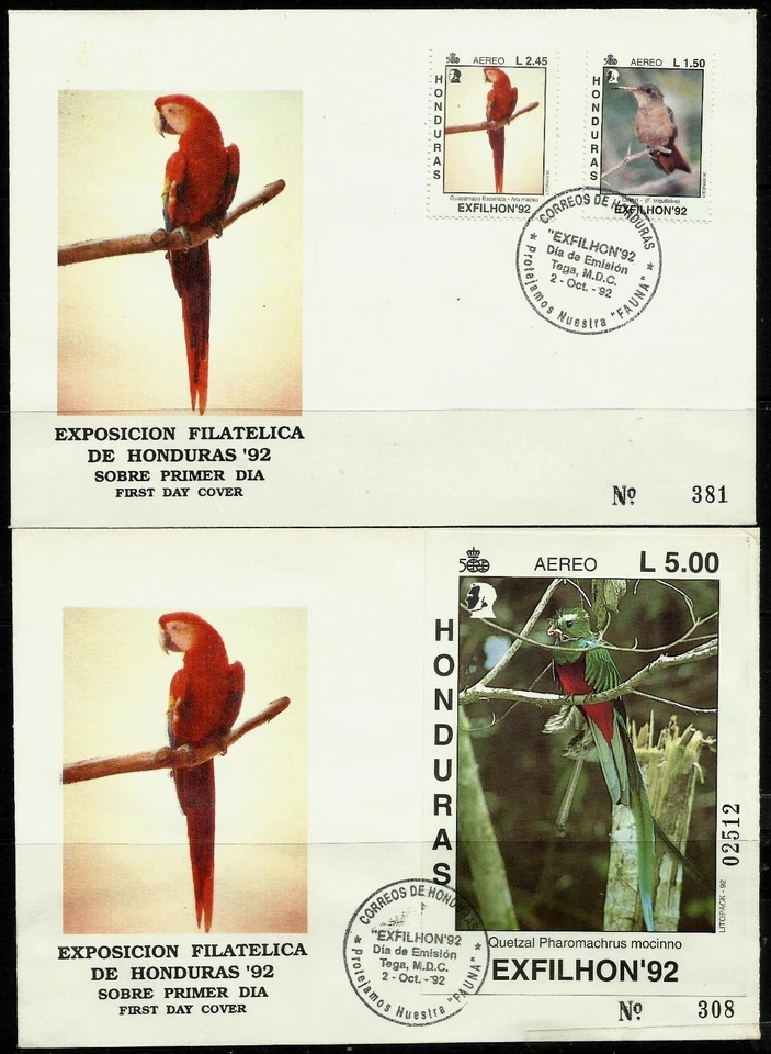 Juego de 2 aves Honduras 1992 más M/S en FDC Foto 1 de 1