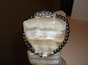 MEN'S HANDMADE 8 1/2 " 6 MM BLACK METALLIC HEMATITE & STERLING S BEAD BRACELET - Picture 1 of 8