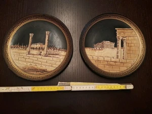 Vintage 2 Piatti Decorativi da Parete Copie di Ceramica Greca In Cotto - Foto 1 di 5