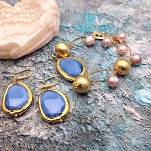 Süßwasser Rosa Perle Blau Katzenauge Perlen Armband Baumeln Haken Ohrring Sets - Bild 1 von 6