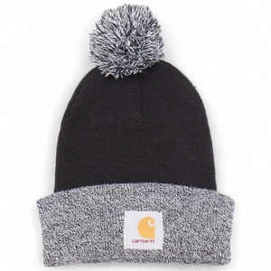 Carhartt Pom Beanie Knit Cuffed Winter Hat Black Gray Unisex One Size - Picture 1 of 4