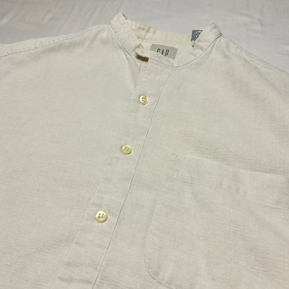 Camisa De Colección GAP Algodón Lino Para Hombres M Crema Manga Larga Cuello Banda Años 90 Talla Grande Foto 1 de 4