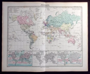 WORLD, SHIPPING, TELEGRAPH, WINDS, CURRENTS, original antique map, Stieler, 1891 - Picture 1 of 2