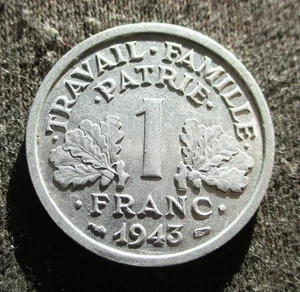 OLD 1 FRANC 1943 COIN OF FRANCE (VICHY FRENCH STATE) ~ WORLD WAR II - Picture 1 of 2