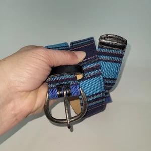 Striped Canvas Belt Womens S/M Blue Black Silver Buckle Adjustable Guatemala - Picture 1 of 6