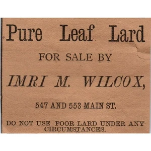 Pubblicità vittoriana Imri M. Wilcox Pure Leaf Lardo 1886 Hartford CT AB8-HT1 - Foto 1 di 2