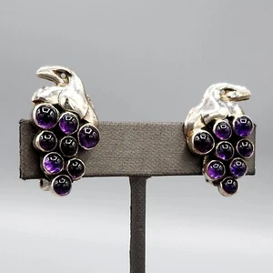 Vintage Amethyst Cab Inlay Sterling Silver Grape Bunch Leaf Clip Earrings 9.5g - Picture 1 of 13