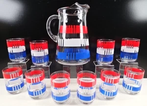 11 Pc Libbey Red White Blue Band Pitcher Tumblers Set Vintage American Retro Lot - Picture 1 of 24