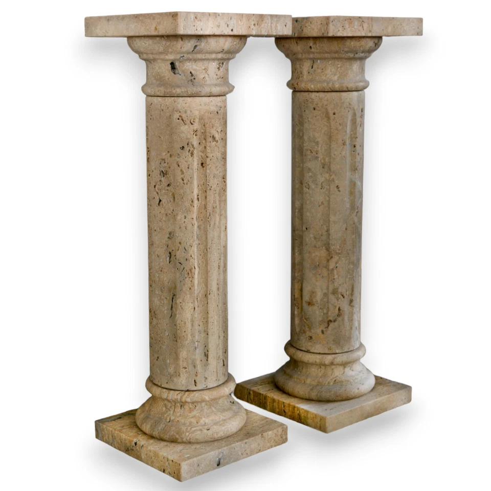 Pair Of Travertine Columns With Grooves H 76Cm - Image 1 of 1
