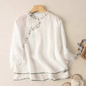 Mujeres Bordado Floral Top Camisa Étnica China Blusa Informal Suelta Delgada Elegante - Imagen 1 de 17