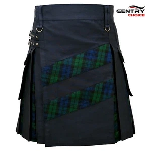 Hybrid Utility Kilt Cross Stripe Tartan Black Watch Scottish Kilt Highland Skirt - Picture 1 of 7