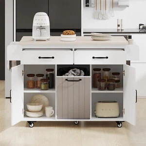 Modern Rolling Kitchen Island Cart Storage Cabinet with Drop Leaf and Towel Rack - Picture 1 of 47