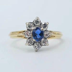 Vintage 18ct Solid Yellow Gold Natural Sapphire Diamond Clust Ladies Ring Size N - Picture 1 of 8
