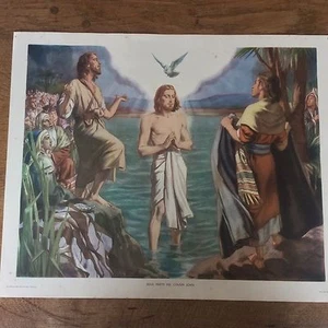 c1950 Vintage Enid Blyton Bible Picture Poster Jesus meets his cousin John - Picture 1 of 1