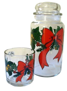 1994~AHC~Anchor Hocking~GLASS~Christmas~8.5"~LIDDED JAR~Coffee Mug~RED BOW~Holly - Picture 1 of 12