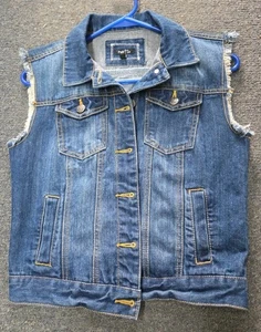 Rue 21 Crop Denim Vest Womens Small Blue Faded Distressed Black Netting On Back - Picture 1 of 7