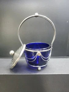 Marmellata di cobalto Art Decò vintage con caddy placcato argento - Foto 1 di 8