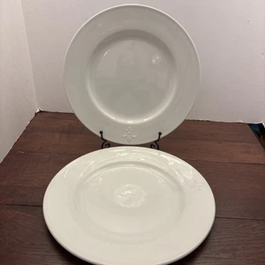 PBA36 By Pottery Barn White Hotel Embossed Fleur De Lis 11” Dinner Plates Set 2 - Picture 1 of 7