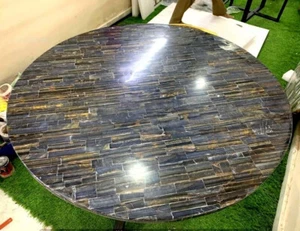 Piano in Marmo Tavolino Intarsiato Splendido Occhio di Tigre Blu Gemma A... - Foto 1 di 10