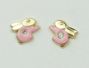 14k Yellow Gold Enamel Rabbit CZ Screw Back Earrings Girls Gift All Colors - Picture 1 of 8