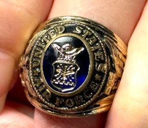 VINTAGE GOLD PLATED US AIR FORCE BLUE GLASS MENS RING SIZE 11 -FREE SHIP - Picture 1 of 5