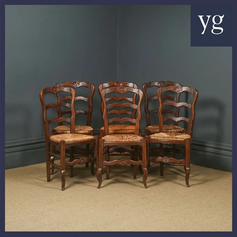French Set of 6 Louis XV Style Oak Ladder Back Kitchen Chairs c1920 Cover