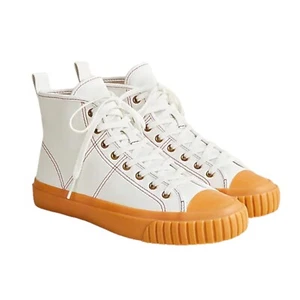 J Crew White Ivory Classic Gum Red High Top Tie Up Cotton Canvas Sneakers Size 7 - Picture 1 of 5