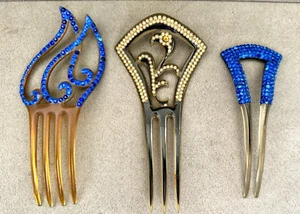 3 Antique Blue RHINESTONE & PEARL Ornate HAIR COMBS Mantilla PEINETA Art Deco - Picture 1 of 14