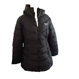 Reebok black reversible puffer jacket L faux fur hooded polyester warm - Picture 1 of 4