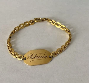 Bracciale ID bambino vintage placcato oro inciso "Patricia" 4 7/8" - Foto 1 di 4