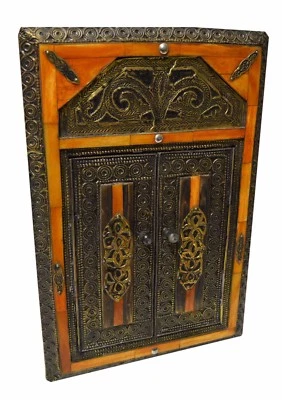 Moroccan Wall Mirror W/Doors Camel Bone Handmade Mediterranean Decor MED Orange - Image 1 of 3