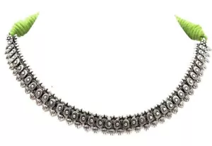 2pcs Handcrafted Choker Green Thread Oxidized Necklace in Antique Silver Metal - Picture 1 of 5