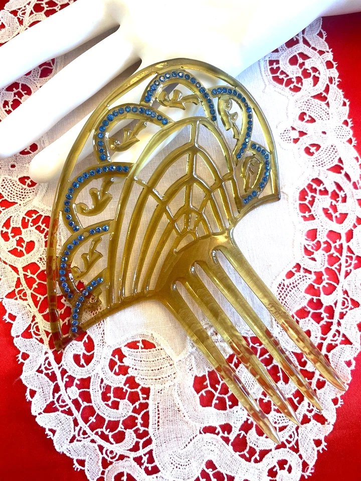 Peine de pelo Art Deco antiguo vintage - mantilla celuloide pedrería azul claro Foto 1 de 4