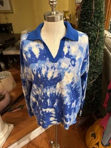 Charter Club Luxury Women SM Tie Dye Cashmere Johnny Collar Sweater Duchess Blue - Picture 1 of 7