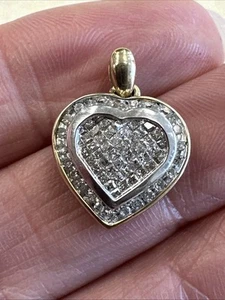 Invisible-Set Princess Cut Diamond Heart Pendant in Two-Tone 10K Solid Gold 2.1g - Picture 1 of 11