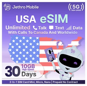 Jethro Mobile - eSIM USA, attivazione rapida, 10 GB dati ad alta velocità, conversazione illimitata - Foto 1 di 7