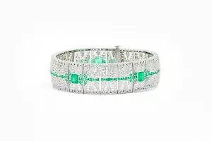 Art Deco Diamond Emerald Platinum Bracelet Handmade Natural 8.14 CTW Certified - Picture 1 of 8