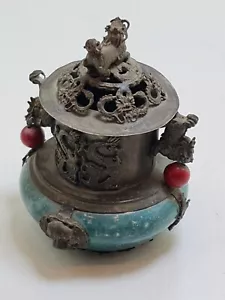 Antique Vintage Light Silver Mena Chinese Incense Burner Engraved - Picture 1 of 19