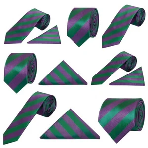 Green Purple Striped Ties Mens Events Formal Sets Skinny Classic Stripe Football - Picture 1 of 16